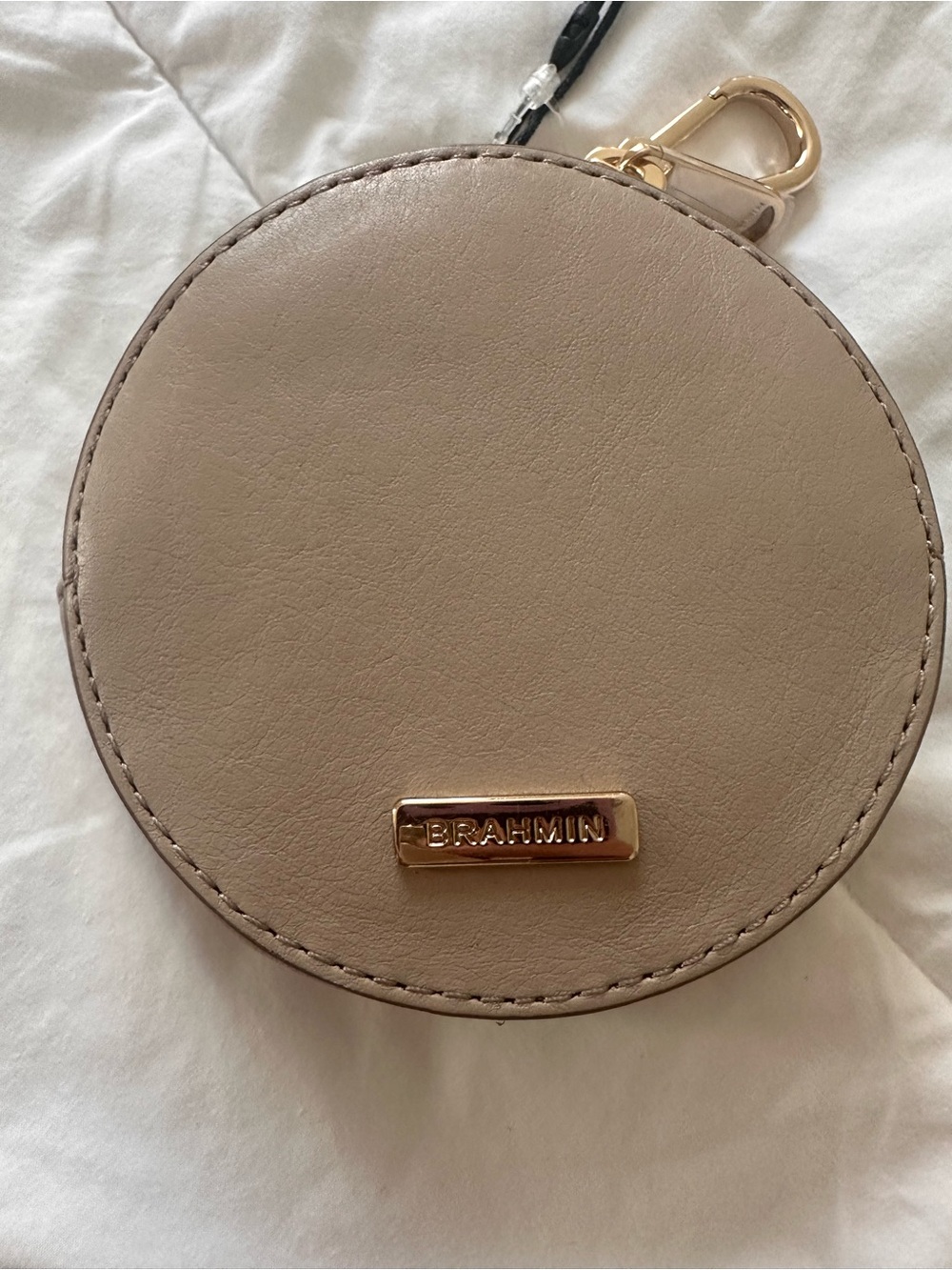 Brahmin Round Mini Coin Purse in Taupe with Gold Hardware